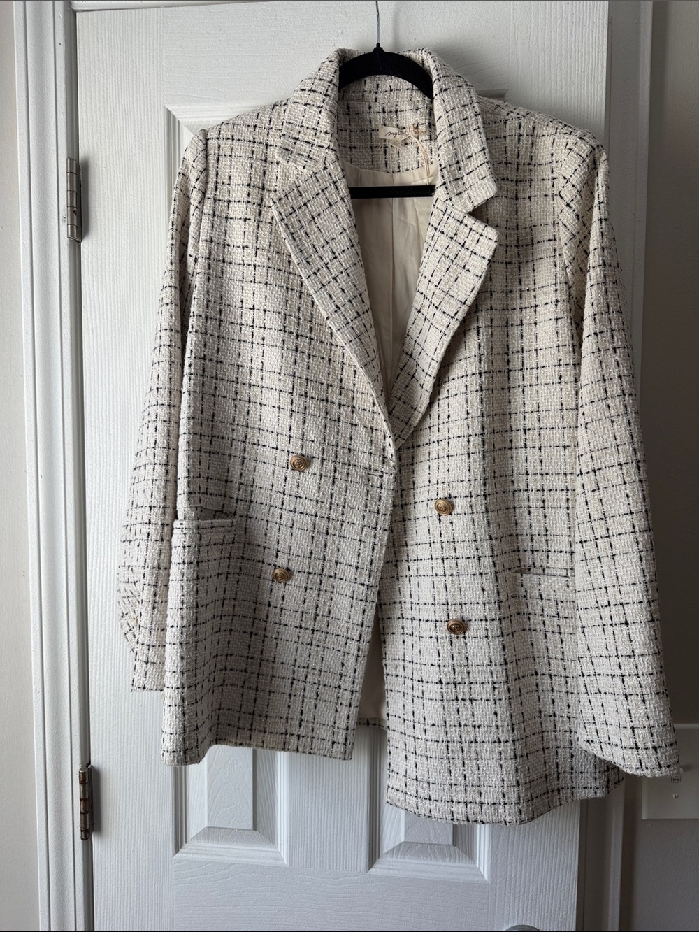 Mystree Cream and Black Checked Double-Breasted Tweed Blazer with Gold Buttons